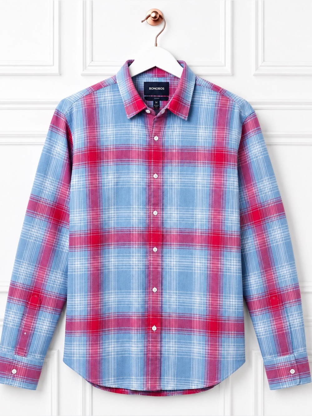 Bonobos $110 Mens XL Blue Pink Slim Fit Flannel Check Plaid Button Down Shirt